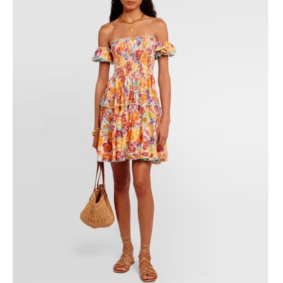 Poupette St Barth 'Aurora' Smocked Floral Mini Dress, Yellow Rugosa